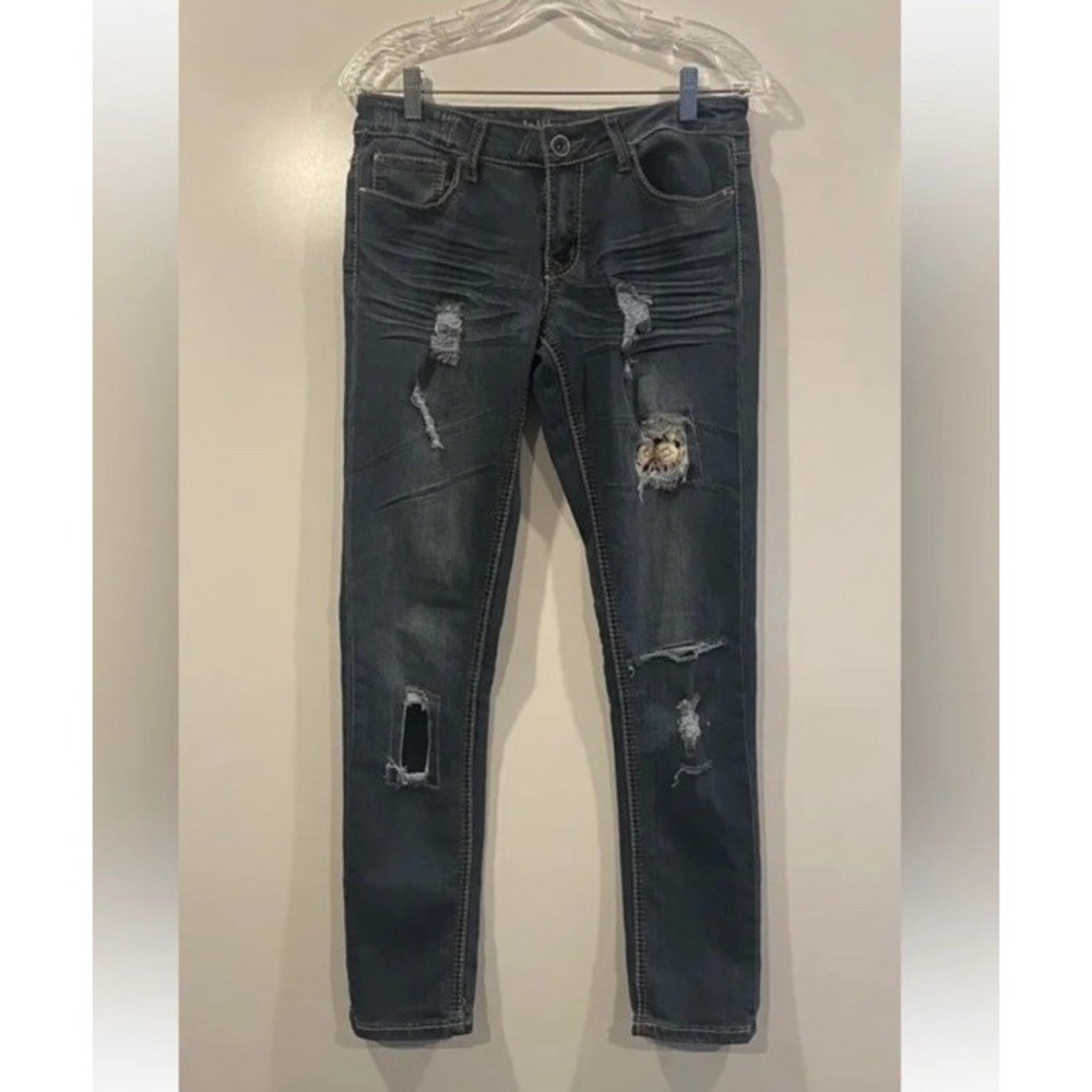 Dollhouse Skinny Jeans Womens 9 Dark Wash Distressed Stretch Denim JX-3030 Blue
